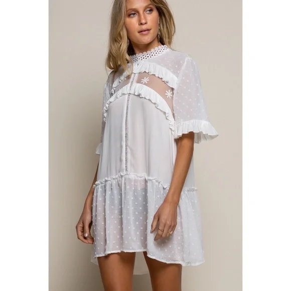 POL Ivory Ethereal Swiss Dot Mock Neck Lace Inset Mini Dress - Picture 7 of 7